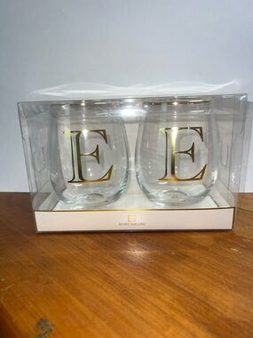 Mary Square Gold Monogram 'E' Stemless Wine Glasses - Set of 2